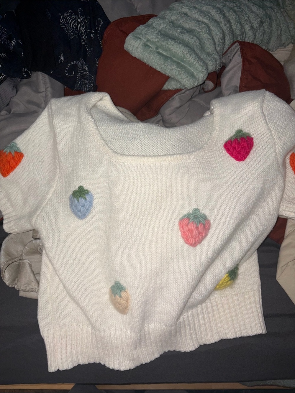 White Women's Strawberry Knit Short-Sleeve Sweater